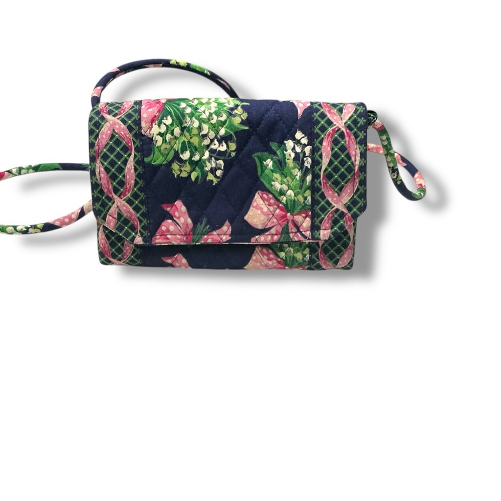 Vera Bradley Quilted Floral Crossbody Bag Navy Pink Green – Excellent Condition